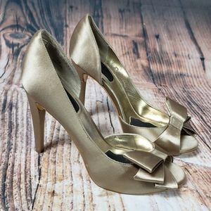RSVP Satin Bow Heels Bowtie Open Toe Shoe Nude